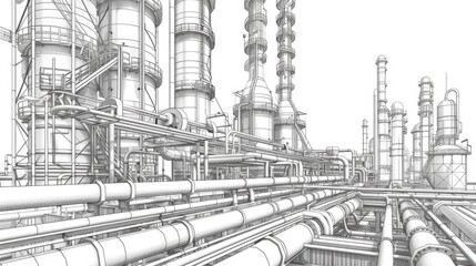 Poster - Detailed drawing of a factory with numerous pipes and smokestacks. Suitable for illustrating industrial processes and pollution