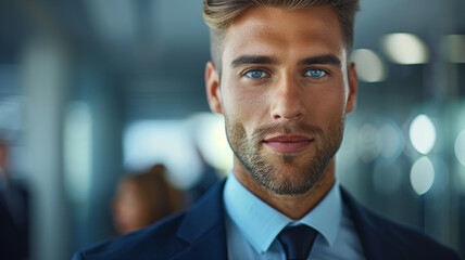 Sticker - A confident young businessman in a suit standing and smiling.