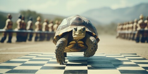 Poster - A turtle crawling on a chess board, suitable for educational materials