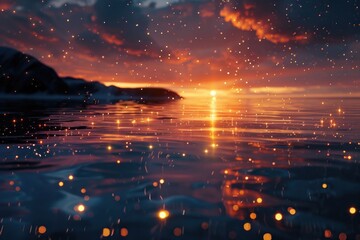 Poster - A beautiful sunset reflecting on a calm body of water. Suitable for various nature or relaxation themed projects