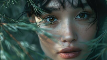 Canvas Print - A close up of a woman's face peeking out behind a tree branch. Suitable for nature or mystery themes