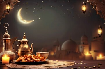 Sticker - Writing Lanterns, golden shrimp kettle, candle, mosque in the background moon in the night sky. Banner with space for your own content.