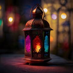 Sticker - Decorated metal lantern of color, glowing on a smudged background. Lantern as a symbol of Ramadan for Muslims.