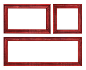 Simple red wood frame. Various shapes and sizes. Square, retangular, extra wide. Transparent background PNG. Minimalism simple rustic wooden frame. Made of wood and painted in red.