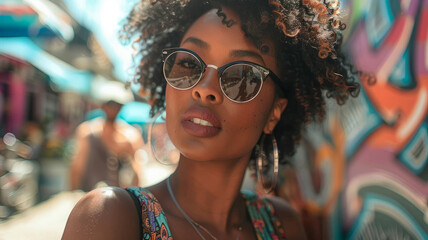 Wall Mural - An African-American woman with a trendy summer hairstyle and sunglasses, smiling happily on vacation.