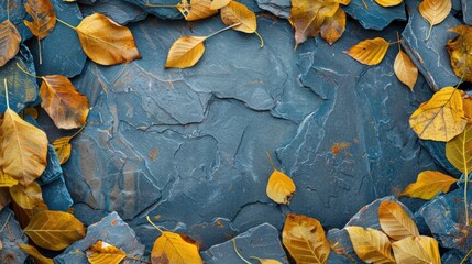 Poster - Group of yellow and brown leaves on a stone surface, suitable for autumn themes