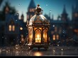 Standing, smoking decorated gold elegantly lantern with candle falling rain, smudged building in the background. Lantern as a symbol of Ramadan for Muslims.