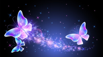Wall Mural - Magic butterflies with fantasy sparkle and blazing trail and glowing stars on night background