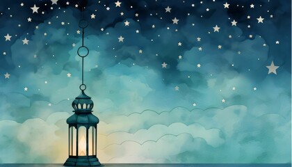 Sticker - Illustration of a standing burning lantern against a background of clouds of stars banner space for your own content. Lantern as a symbol of Ramadan for Muslims.