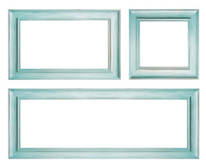 Simple teal colored wood frame. Various shapes and sizes. Square, retangular, extra wide. Transparent background PNG. Minimalism simple rustic wooden frame. Made of wood and painted in teal.