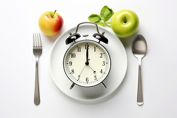 Poster - A simple composition of an alarm clock on a plate next to an apple. Suitable for various concepts and designs