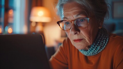Aufkleber - A woman in glasses focused on a laptop screen. Suitable for technology and business concepts