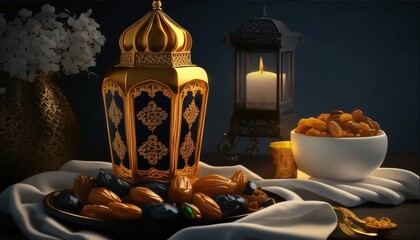 Wall Mural - Gold lantern and plate with dry grapes, raisins, lantern in burning with candle, dark background. Lantern as a symbol of Ramadan for Muslims.