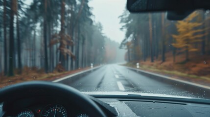 Canvas Print - A car driving down a road in the rain. Suitable for travel or weather concepts