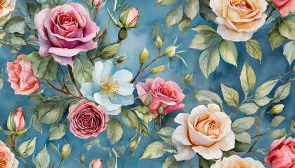 Wall Mural - watercolor garden rose bouquet blooming tree seamless pattern chinoiserie floral texture on blue