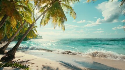 Poster - Sandy beach with palm trees and ocean in the background. Perfect for travel and vacation concepts