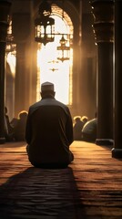 Sticker - A man during prayer in the mosque in front of him hanging lanterns, sunlight coming through the window. Ramadan as a time of fasting and prayer for Muslims.