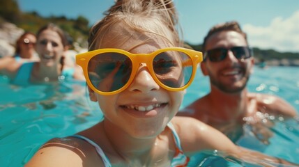 A man and a little girl enjoying a swim. Suitable for family and leisure concepts