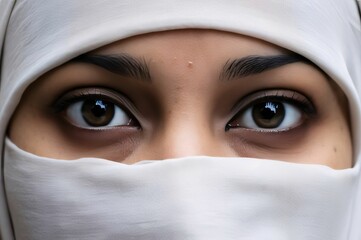 Sticker - The eyes of a woman in a white niqab. Ramadan as a time of fasting and prayer for Muslims.