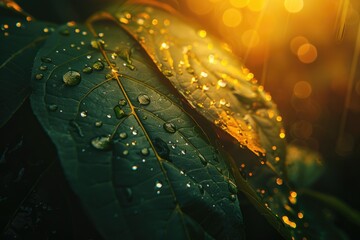 Poster - Close up of a leaf with water droplets, suitable for nature themes