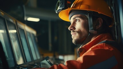 Aufkleber - A man wearing a hard hat looking out a window. Suitable for construction industry