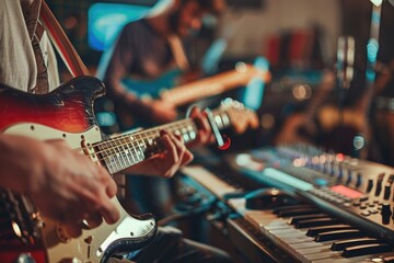 Sticker - Musician playing guitar in front of keyboard. Suitable for music-related designs