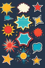 Poster - A variety of colorful comic speech bubbles and stars for design projects.