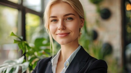 Poster - Professional woman standing in front of window, suitable for business concepts