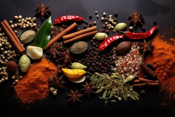 Poster - Various spices arranged on a dark background, ideal for culinary concepts
