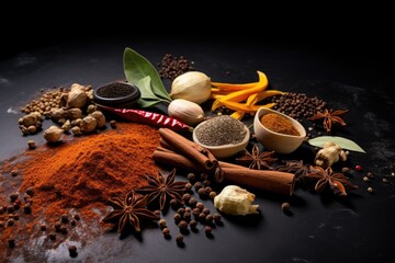 Poster - Assortment of spices and herbs on a black background. Perfect for food and cooking concepts