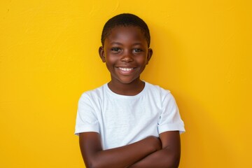 Wall Mural - A young boy standing in front of a yellow wall. Perfect for educational or back-to-school themes