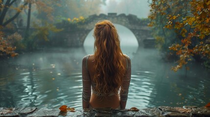 Wall Mural - A woman sitting on a stone wall looking out over a body of water