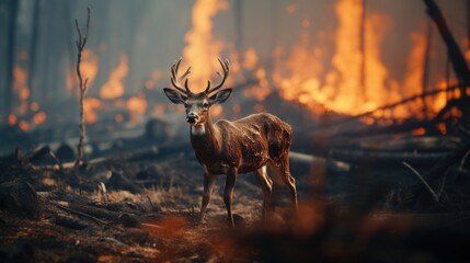 Wall Mural - A deer standing in front of a raging forest fire. Suitable for environmental and wildlife themes