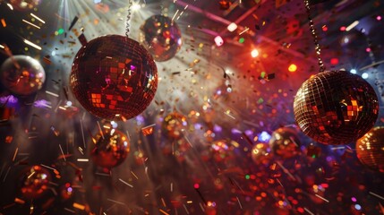 Poster - Disco balls and confetti falling from the ceiling, perfect for party themes