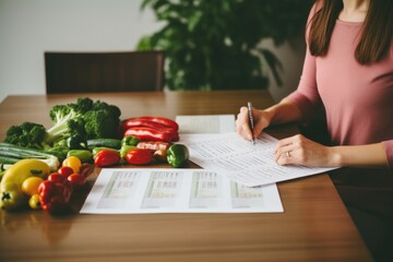 Poster - A woman sitting at a table writing on a piece of paper. Suitable for office, education or creative concept