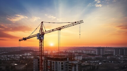 Wall Mural - Crane and building construction site at sunset