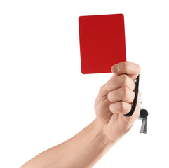 Sticker - Referee holding red card and whistle on white background, closeup