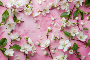 Wall Mural - white cherry blossoms with buds on a pink background 