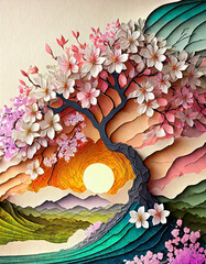 Wall Mural - Cherry blossom trees and branches, in a cut paper collage style.