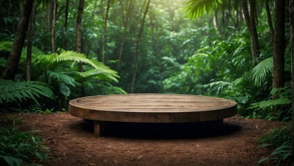 empty Wooden product display podium with green, tropical  forest background . Eco-friendly concept . product presentation ideas
