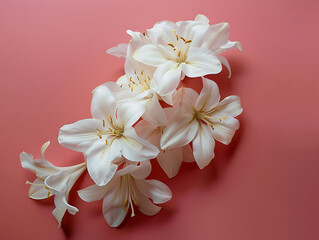 Wall Mural - white lila flowers on a pink background from head in 