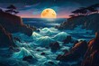 A moonlit coastline with bioluminescent waves crashing against the rocks, painting the scene in surreal colors.