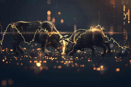 bull and bear financial infograhic stock market chart award in gold and black color with copyspace area as wide banner