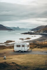 Wall Mural - Camping near the lake in a motorhome . Camping in a camper van