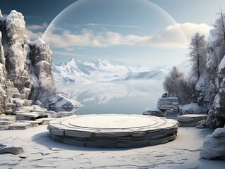 Abstact 3d render winter scene and Natural podium background, Ice podium on the ice rock and stone for product display, advertising, mockup or etc