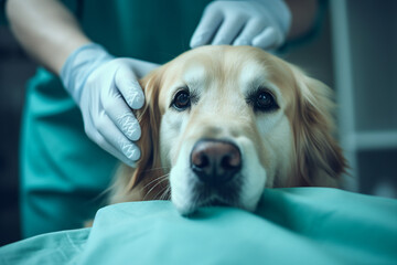 Wall Mural - Domestic animal on vet clinic examining generative AI picture