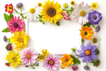 Spring template frame design with spring colorful flowers and copy space in the middle for text over white background