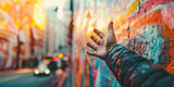 Fototapeta  - Artist hand reaching with graffiti wall in the street as backgorund