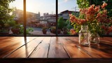Fototapeta  - an abstract wooden tabletop on a kitchen window, in the style of photo-realistic landscapes, smooth and shiny, flat backgrounds, soft-focused realism, wood