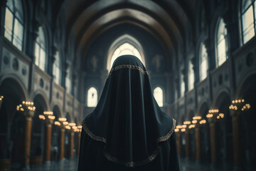 Poster - Illustration of a beautiful nun in church created with generative AI